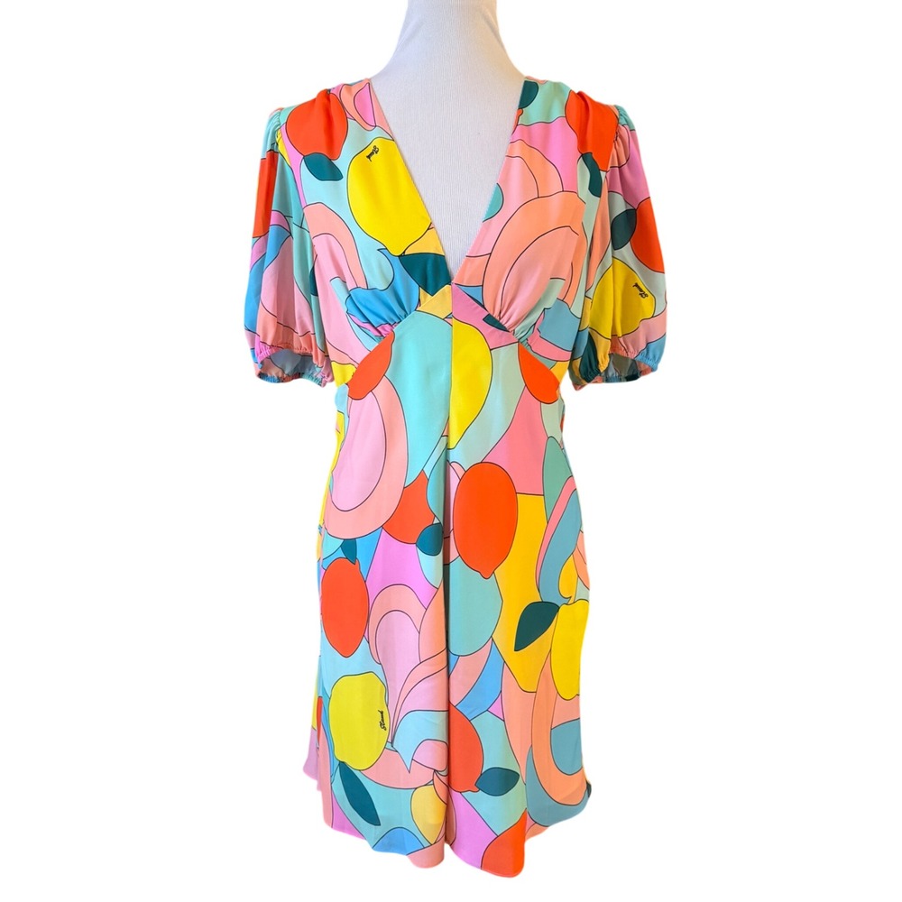 STAUD Abstract Puff Sleeve Mini Dress Women 12 Multi Color Fruit Print Summer